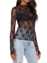 Women Long Sleeve Tops Sexy Chic Sheer Lace Basic Versatility Shirt Casual Pullover for Autumn Club Streetwear Aesthetic Clothes