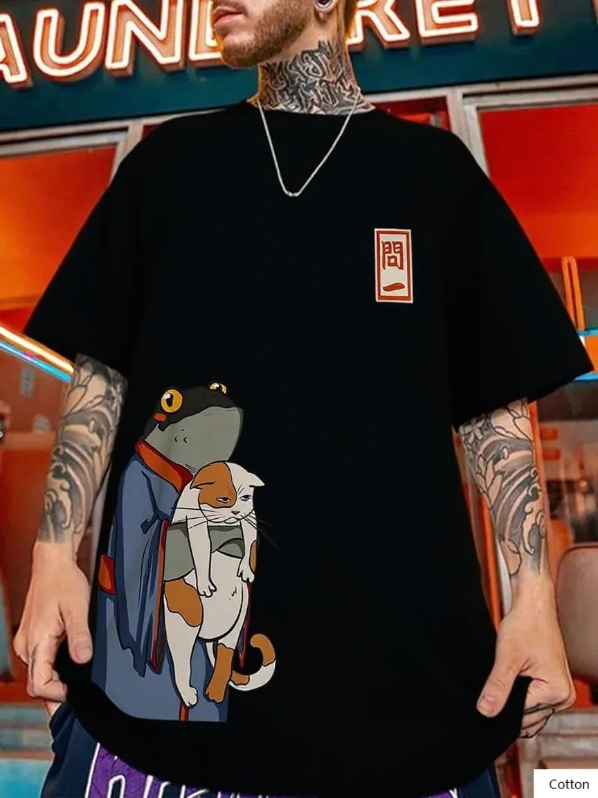 

Pure Cotton Tee Featuring Anime - Style Frog and Cat Graphic Great for Expressing Your Passion for Fun and Quirky Designs S-4XL