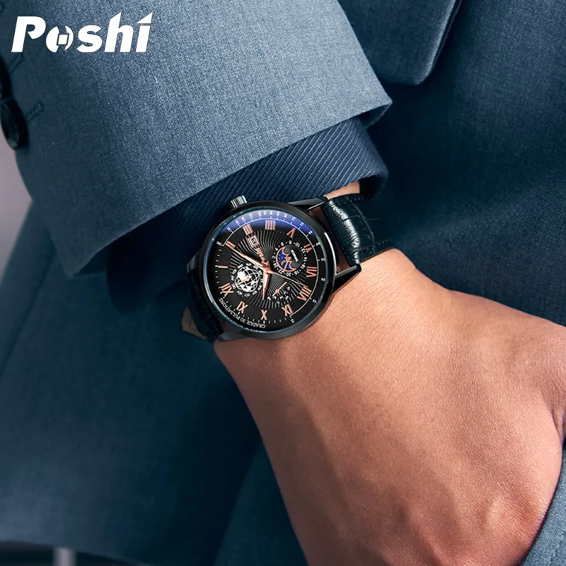 POSHI Business Men Watches Casual Sport Watches for Men Top Brand Luxury Leather Man Watch Clock Chronograph Quartz Wristwatch