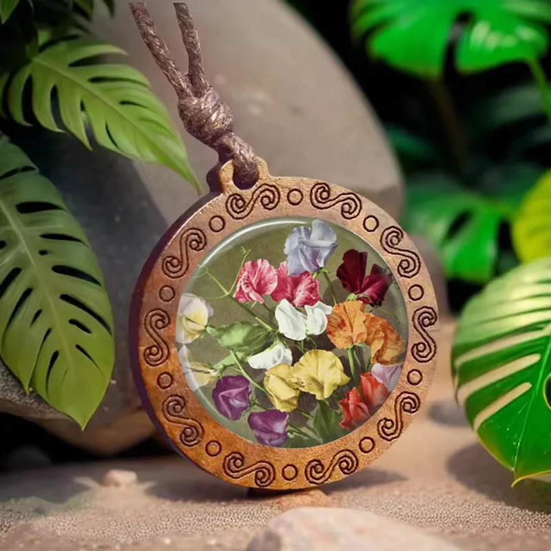 Vintage Runde Rose Schmetterling Orchidee Süße Erbse Blume Holz Anhänger Halskette Für Frauen Glas Schmuck