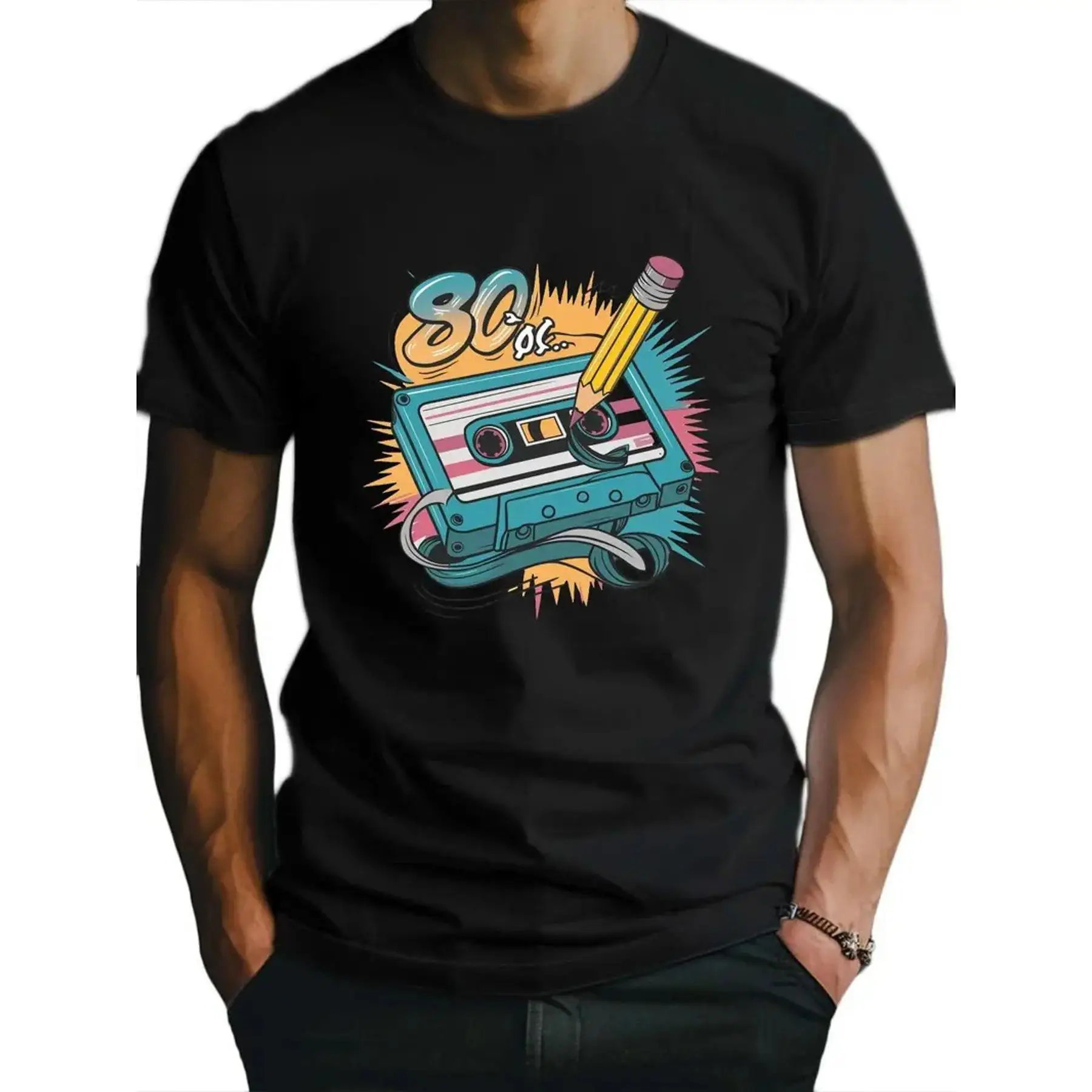 

Vintage 80s T-shirt Men Women Retro Cassette Tape Graphic Tee Funny Music Nostalgia Gift 80s Party Pencil Rewind Top