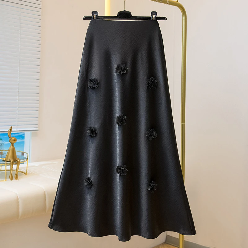 

Plus Size Women's Skirts for 2025 Summer Black Satin Lady Skirts Trumpet Loose Female Skirts Black Bottoms KE1637