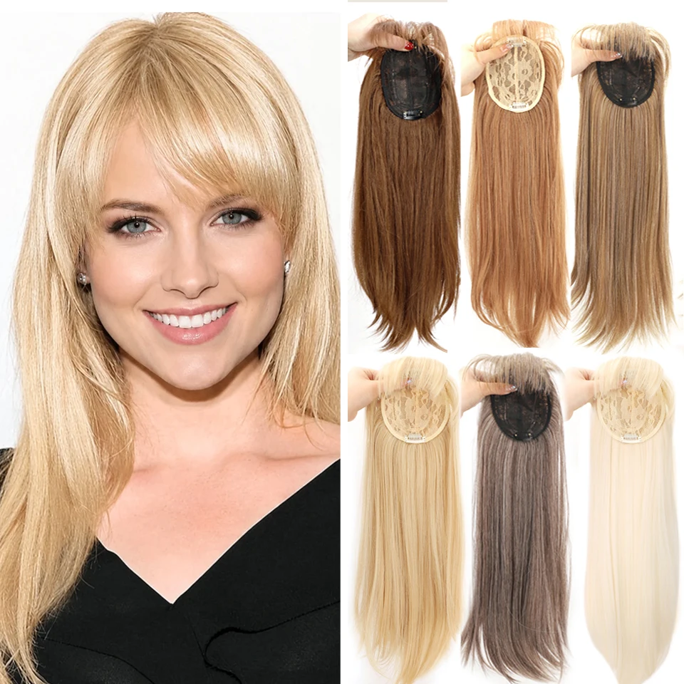 Blonde Dark Root Hair Topper with Bangs for Women with Thinning Hair 14inch Top Clip In Hair Extensions Synthetic Hair Pieces