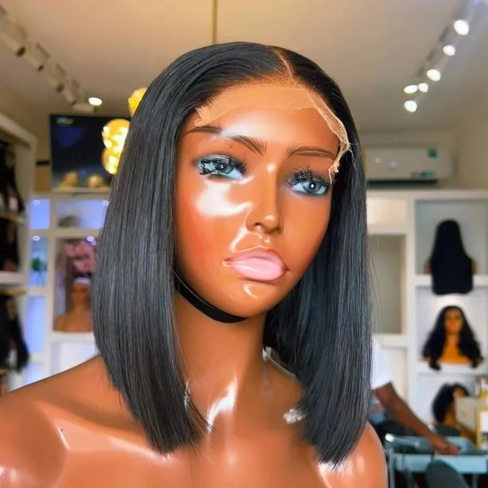 

Черный, мягкий короткий боб, плотность 180, бесклеевой синтетический прямой парик 13*4*1, кружевной передний парик для чернокожих женщин, детские волосы, предварительно выщипанные, ежедневно