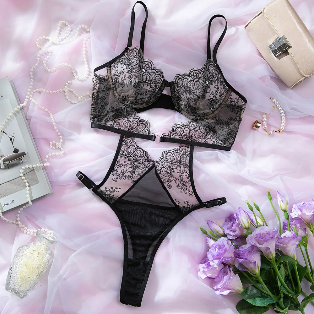 

Flower Embroidery Sexy Erotic Set Women Thin See Through Lingerie Bodysuit Hollow Out Underwear Sexy Costumes