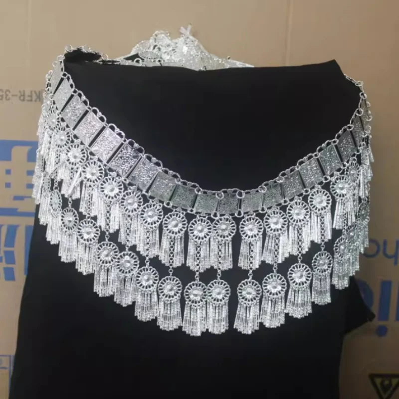 Chinese Miao Hmong Ethnic Silver Color Waist Chain Belt with Long Tassels Tribal Belly Dance Accessories