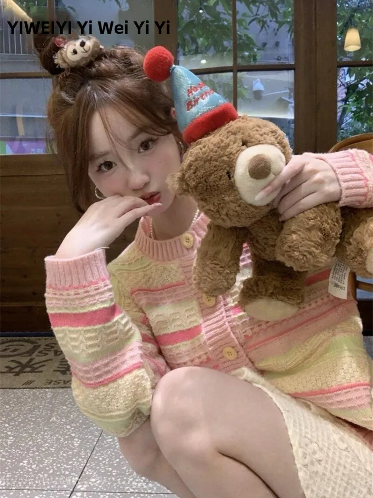 Rosa gestreifter Strickpullover Jaet Damen Frühherbst High-End Kleine weiche Lazy Open Cardigan Top Pendeln Slim Fit Long Sve