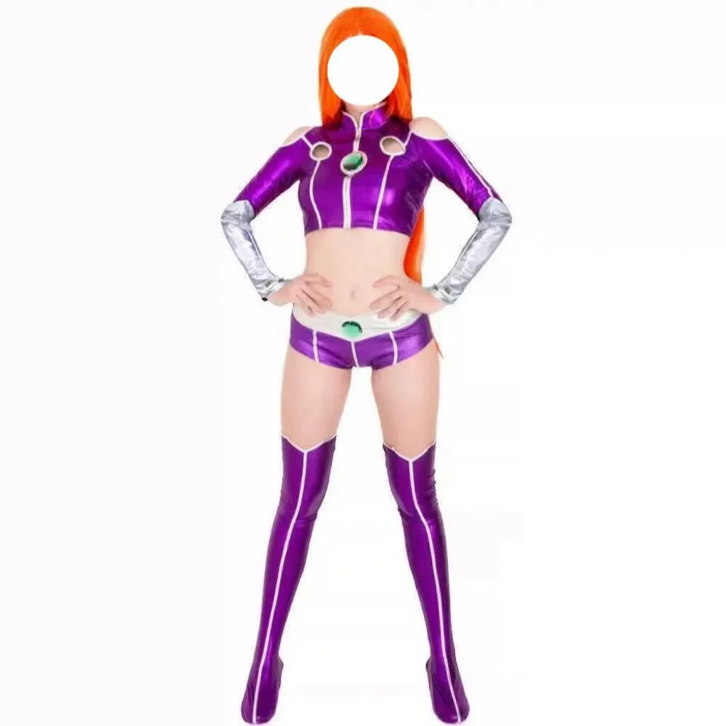 

TTeen TTitan Firefire Cosplay Costume Suit Halloween Cosplay Costume Sexy Purple Bodysuit Dressing And Short LegCovers For Woman