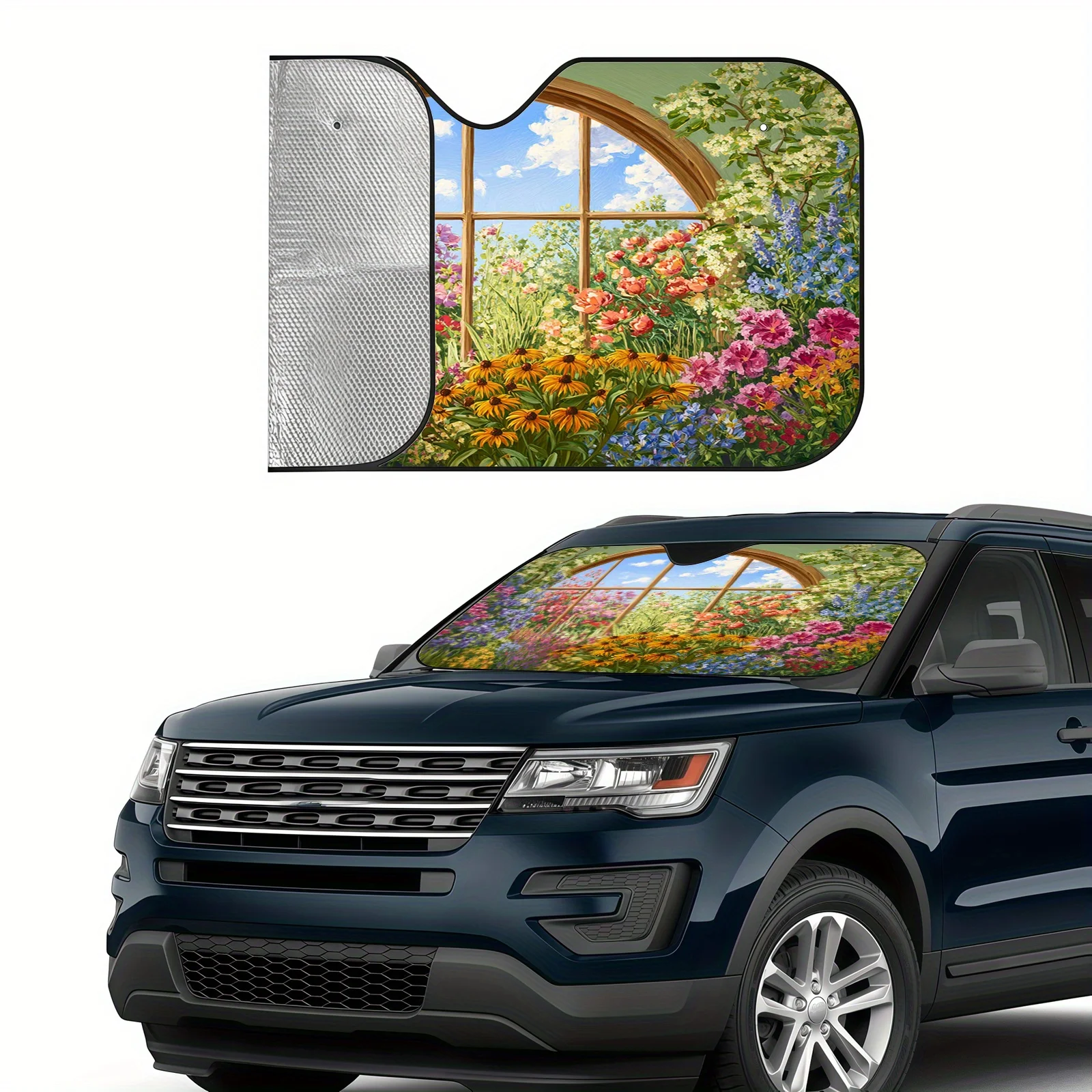 Window Garden Oil Painting Style Car Sunshade, Featuring A Fresh Pastoral Scene, Easy To Install And Durable, Includes 4 Suction