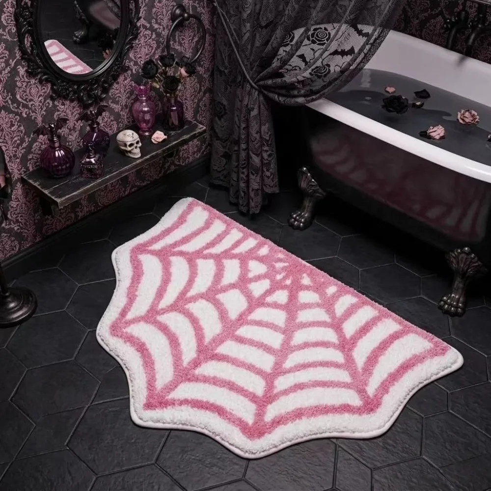 Faux Cashmere Spider Web Carpet Half Round Non-slip Halloween Doormat Water-absorbing Quick-Drying Floor Mat