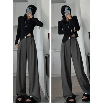 Wide-Leg Suit Pants 3 2025 Fall Winter Elegant Gray Suits Pants for Women Office Lady High Waist Wide Leg Fashion Trousers with Pockets Black Pants 3
