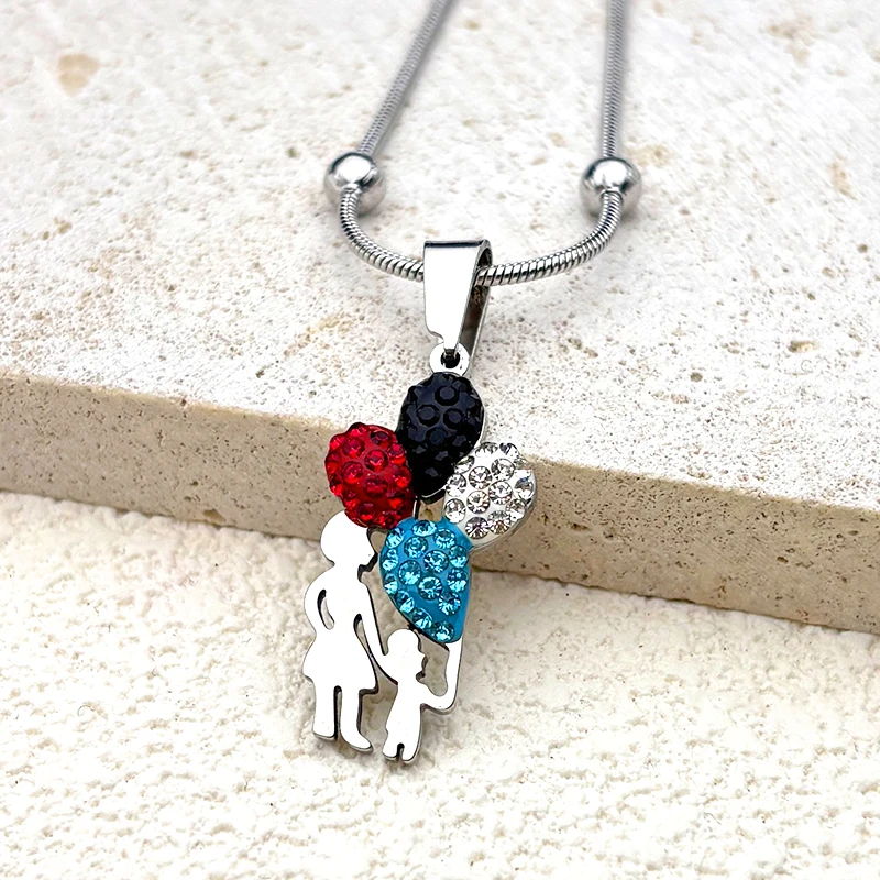 

Mom Baby Hold Balloon Necklace For Women Men Stainless Steel Silver Color Rhinestone Love Mother Chain Jewelry Mother Day Gifts