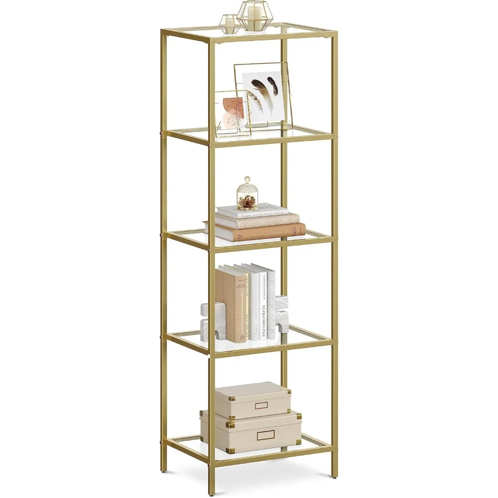 

5-Tier Bookshelf, Slim Shelving Unit for Bedroom, Bathroom, Home Office, Tempered Glass, Steel Frame, Metallic Gold ULGT029A01