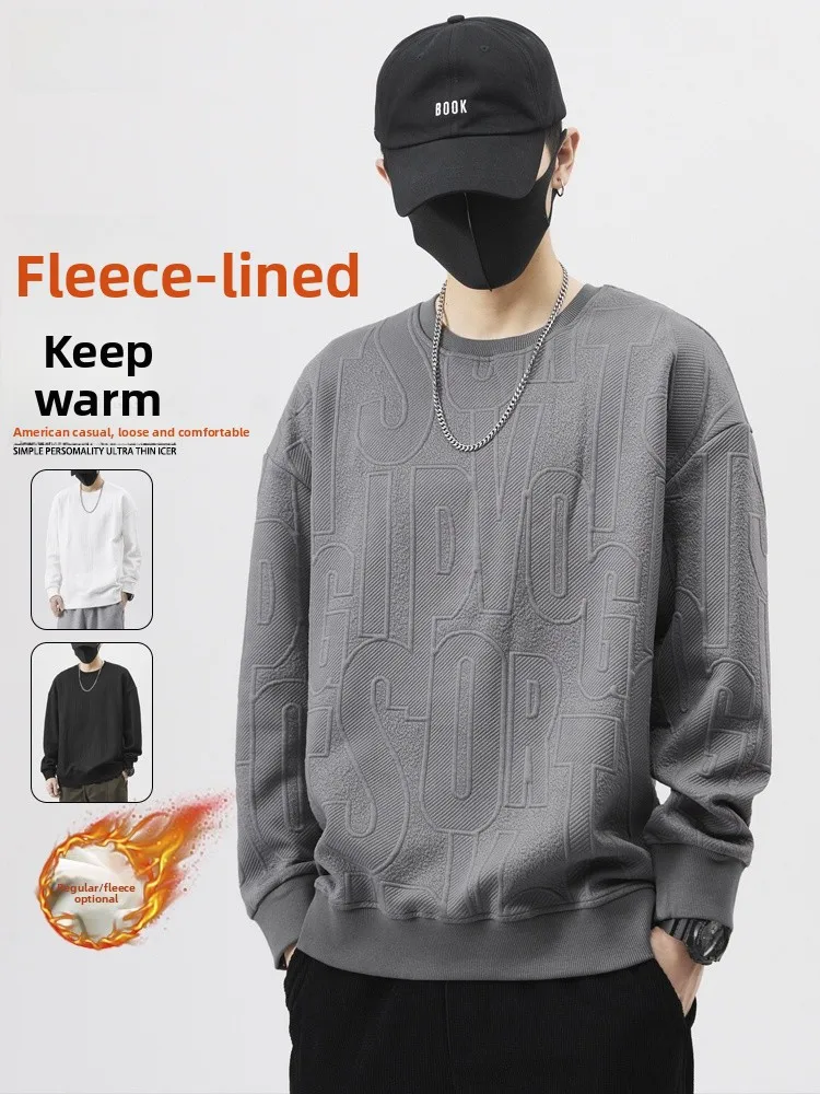 

Winter Thiened Fce Men's Sweatirt Trendy Brand Autumn Wear Base Layer irt Warm Casual Loose Fit Polyester Spandex