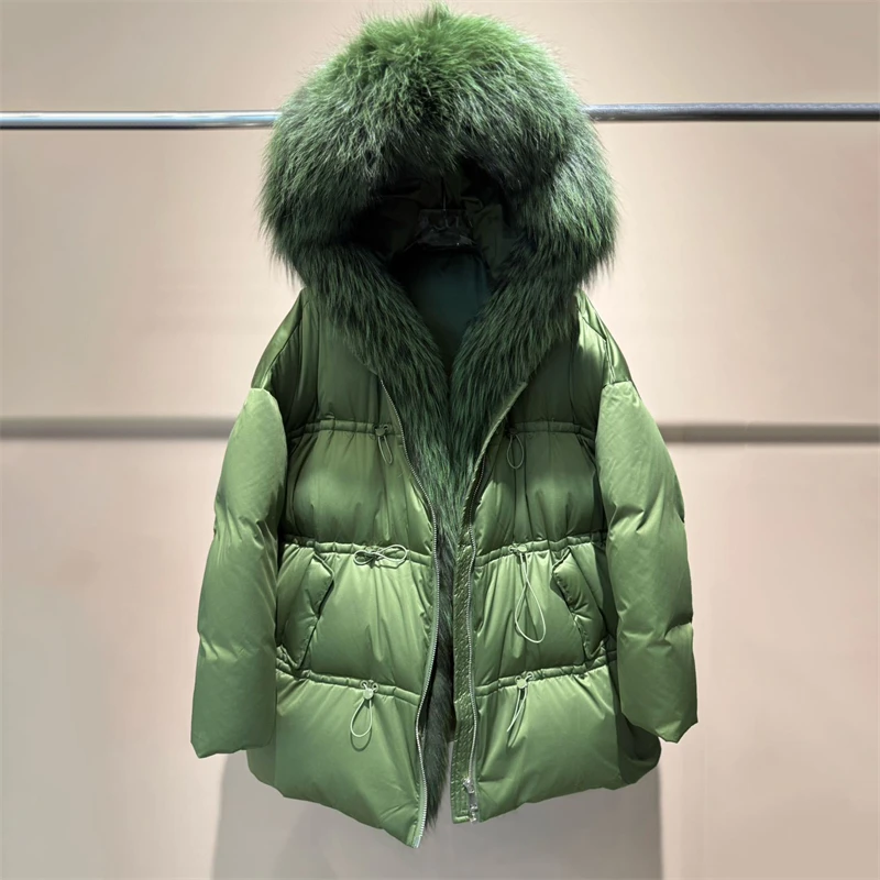 Winter New Arrival Women's Long down Jacket withLargeFox Fur Collar Fashionable Waist-Cinching Drawstring Loose Goose down Coat