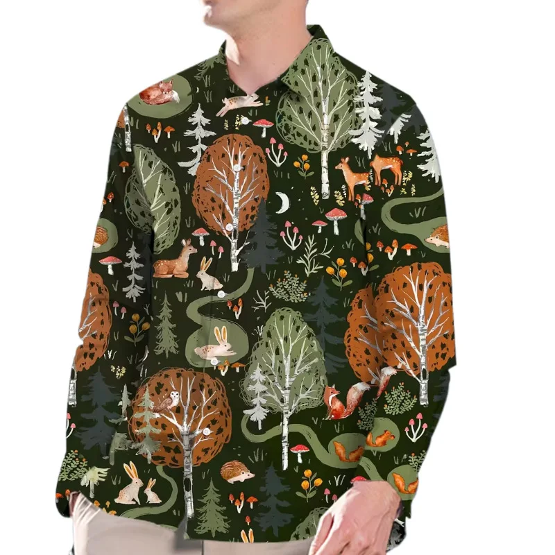 

Mens Forest Color Printed Long Sleeve Shirt Lapel Button Up Hong Kong Style Street Trend Casual European American Top Fashion Sh