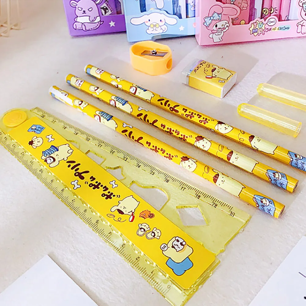 Sanrio Hellokitty Cinnamoroll Melody Kuromi Stationery Set Pencils Erasers Rulers Cartoon School Supplies Study Stationery Gifts