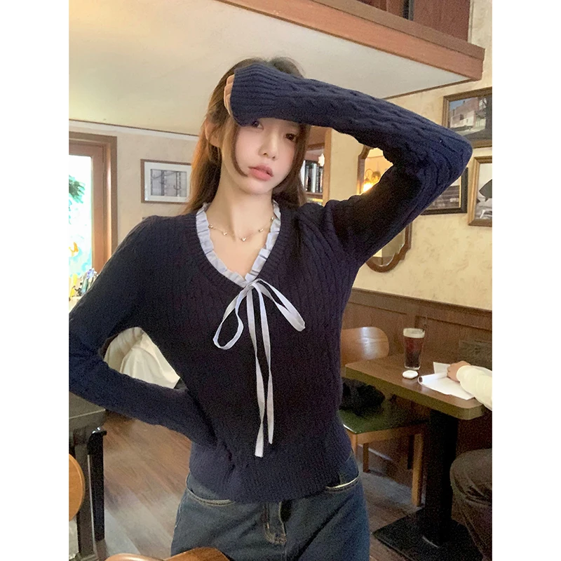 蝶ネクタイ長袖ニットセータープルオーバー女性 Y2K レーススプライスツイストセーター秋プレッピースタイルヴィンテージ V ネックジャンパー