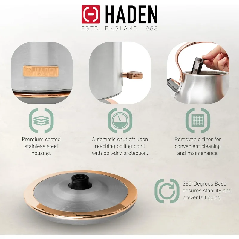 غلاية كهربائية من الفولاذ المقاوم للصدأ سعة 1.7 لتر من Haden Heritage، غلاية ماء ساخن مع قاعدة 360 درجة وإيقاف تلقائي، فولاذ ونحاس