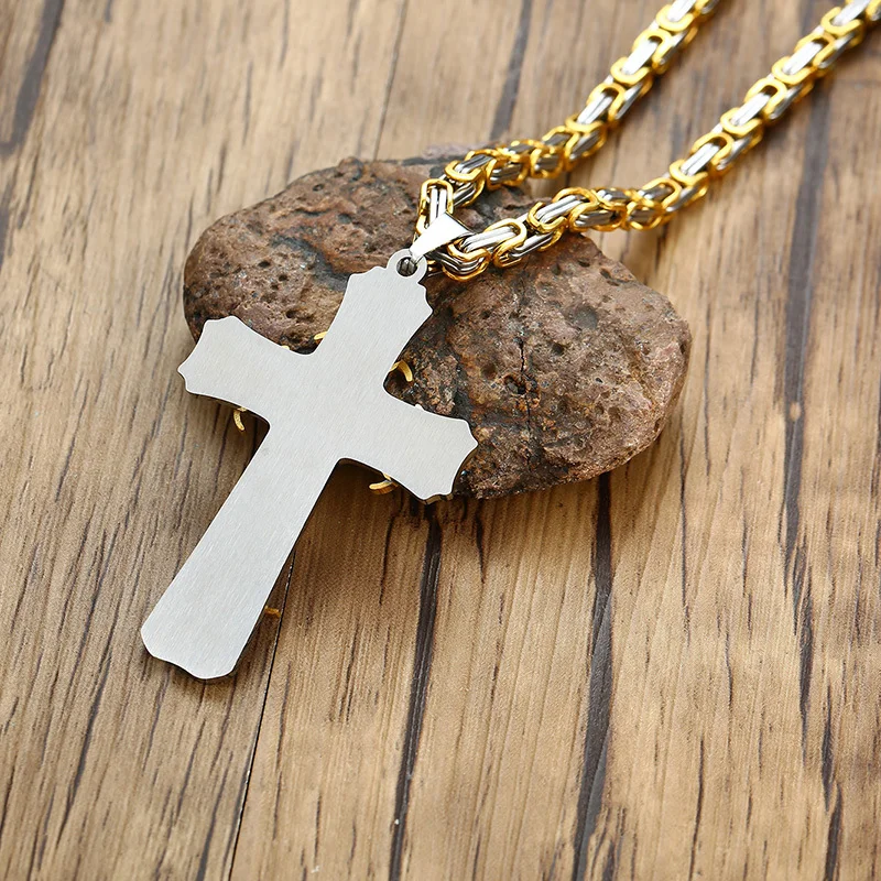 Rock Cross Necklace for Men,Gold Color Stainless Steel Stylish Byzantine Chain,Catholic Crucifix Pendant Collar Jewelry