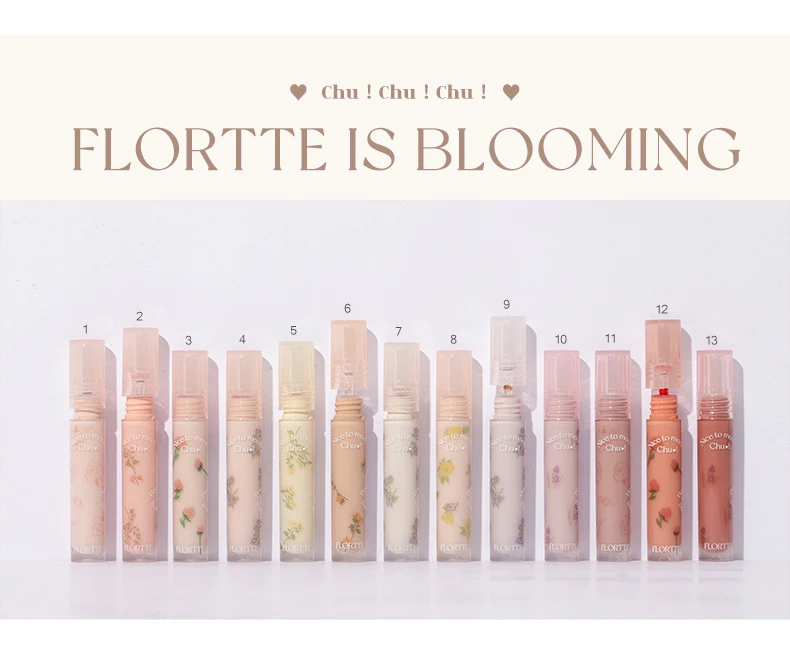 FLORTTE Beauty Lip Lasting Tint First Kiss Series Water Glossy Nice To Meet Chu Blooming Liquid Lipstick Makeup Women Cosmetics