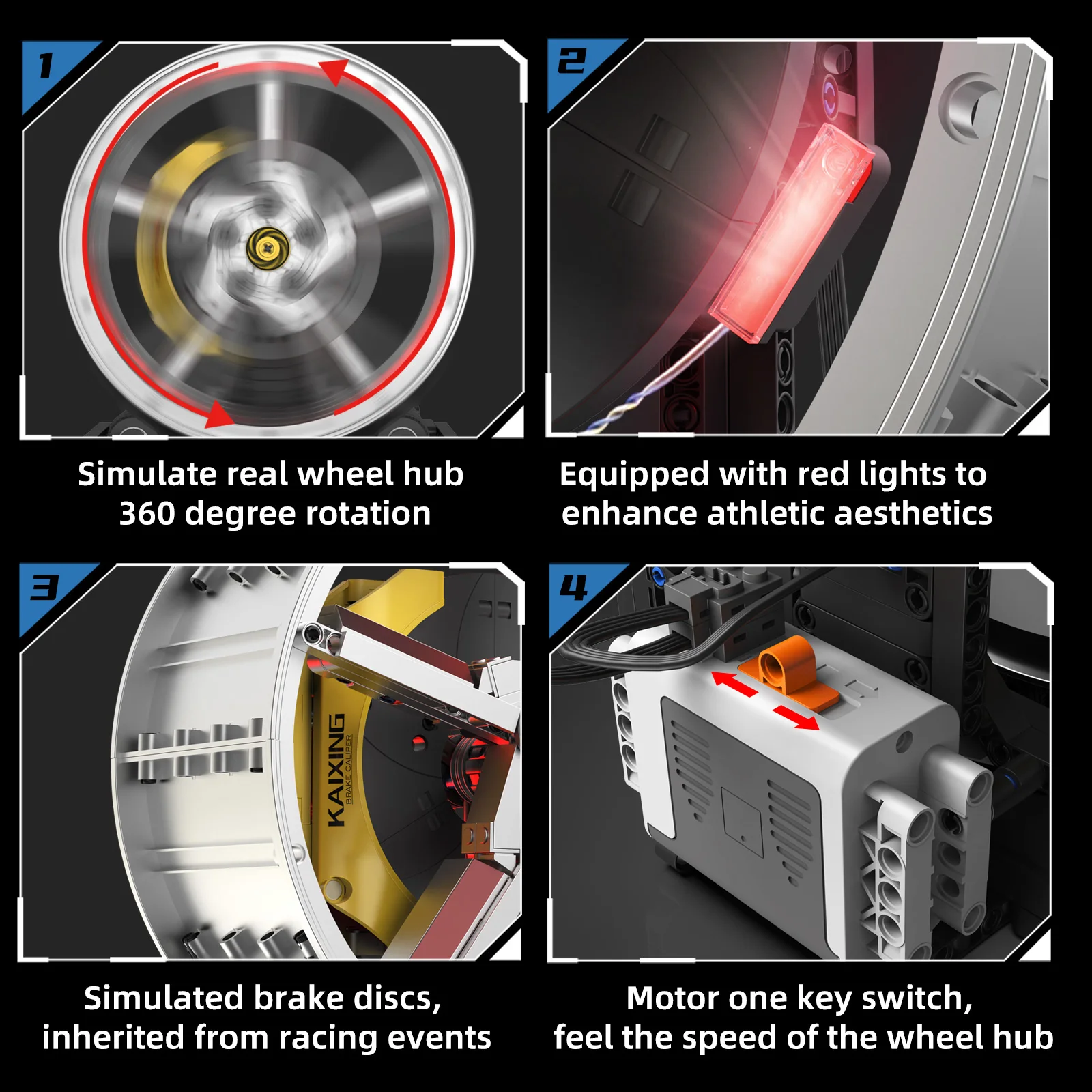 Dynamic Motor-Driven Supercar Rim Building Blocks - Spinning Wheel Hub Desktop Decor w/ Power Function&LED Lights for Car Lovers