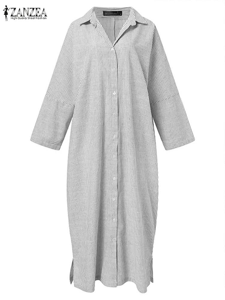 ZANZEA فساتين طويلة كبيرة الحجم للسيدات غير رسمية مخططة بياقة مقلوبة وأكمام طويلة وفتحة جانبية فستان ماكسي ملابس خروج للخريف #4