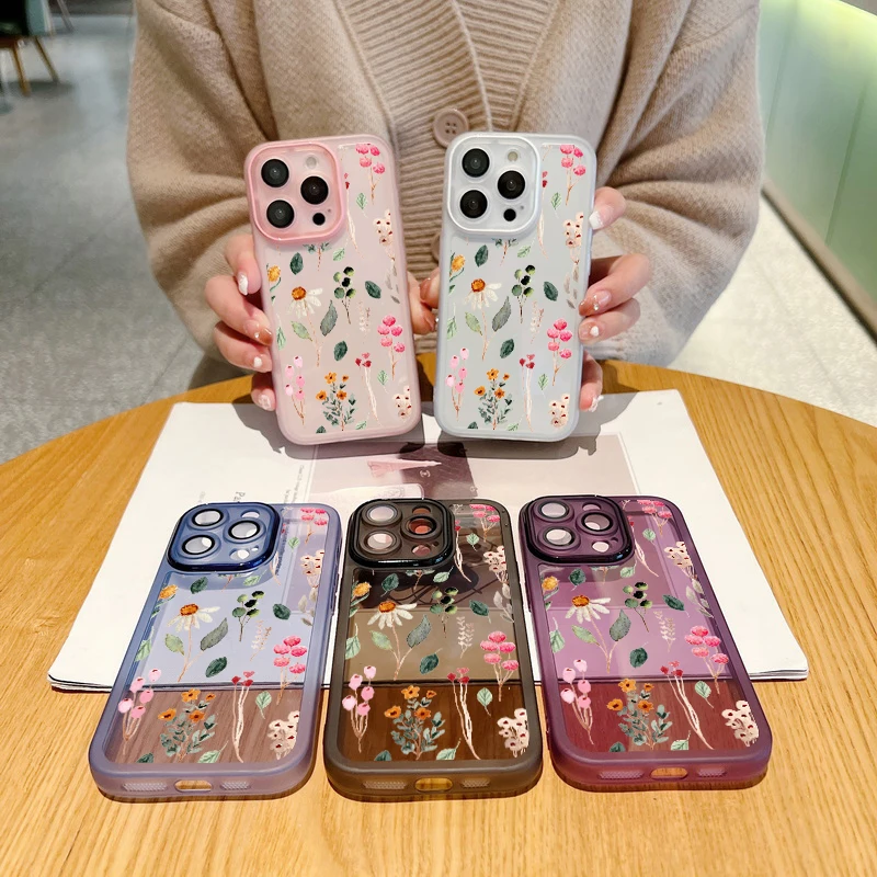 Flower Print Case For iPhone 16 Pro Max 11 12 13 14 15 Pro Max Luxury Lens Protector Shockproof Clear Soft Silicone Cover