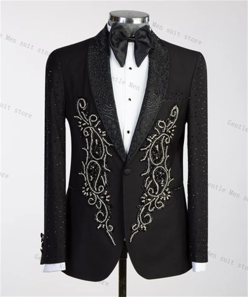 

Black Men Suit Set 2 Pcs Blazer+Pants Trousers Luxury Crystals Wedding Tuxedo Formal Office Jacket Prom Groom Coat Customized