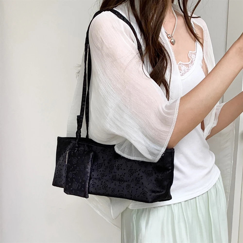 High Grade Satin Floral One Shoulder Bag Women's Rectangle Soft Buckle Large Capacity Underarm Bags Versatile Commuter Handbags