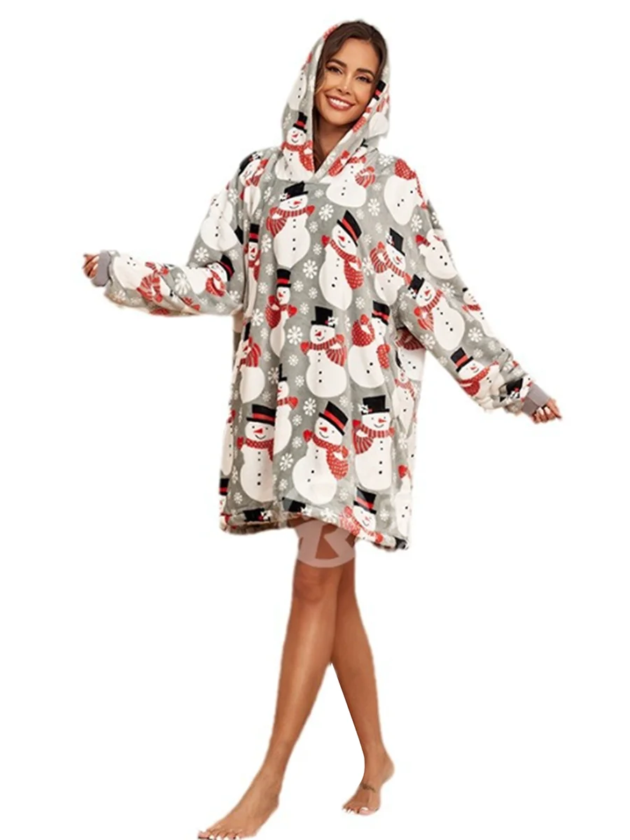 Christmas Blanket Hoodies Snowman Print Wearable Oversized Hooded Blanket for Women Sweatshirts Warm Flannel Blanket Nightgown