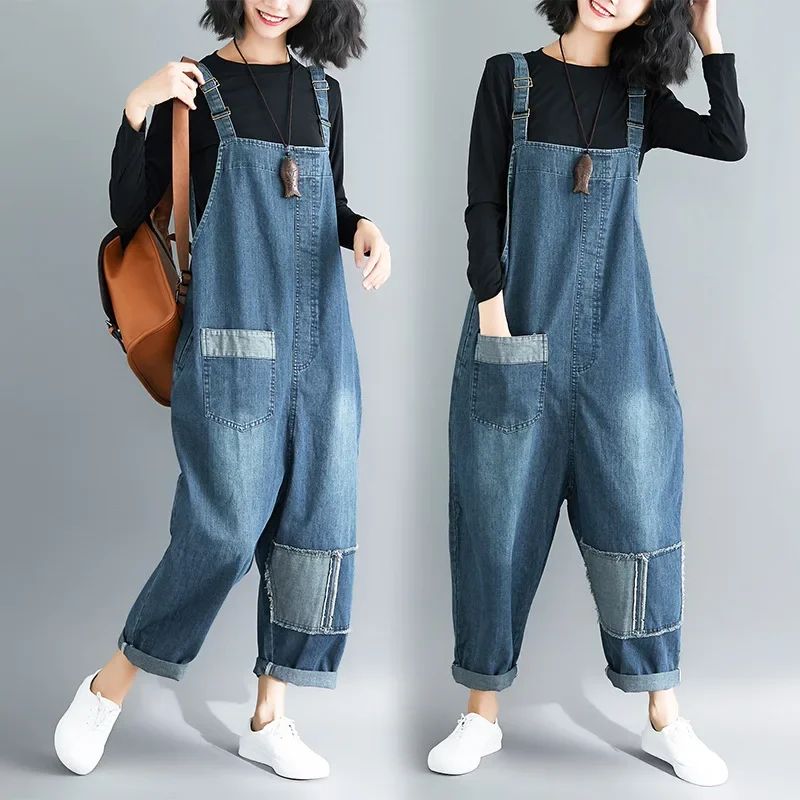 

Korean Women Loose Patchwork Denim Overalls Jumpsuits Ladies Denim Trousers Bleached Jeans Rompers Spring Autumn