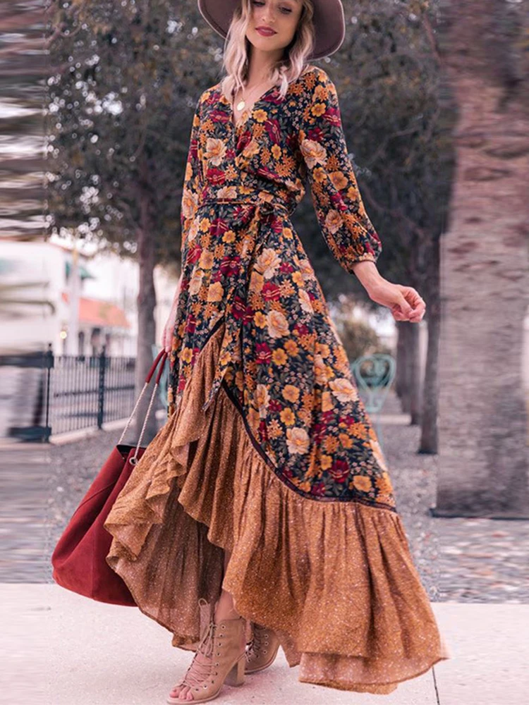 Women V-Neck Printed Long Dress Wrinkle Design Long Sleeved Retro Fashionable Flower Pattern Loose Comfortable Versatile Dress