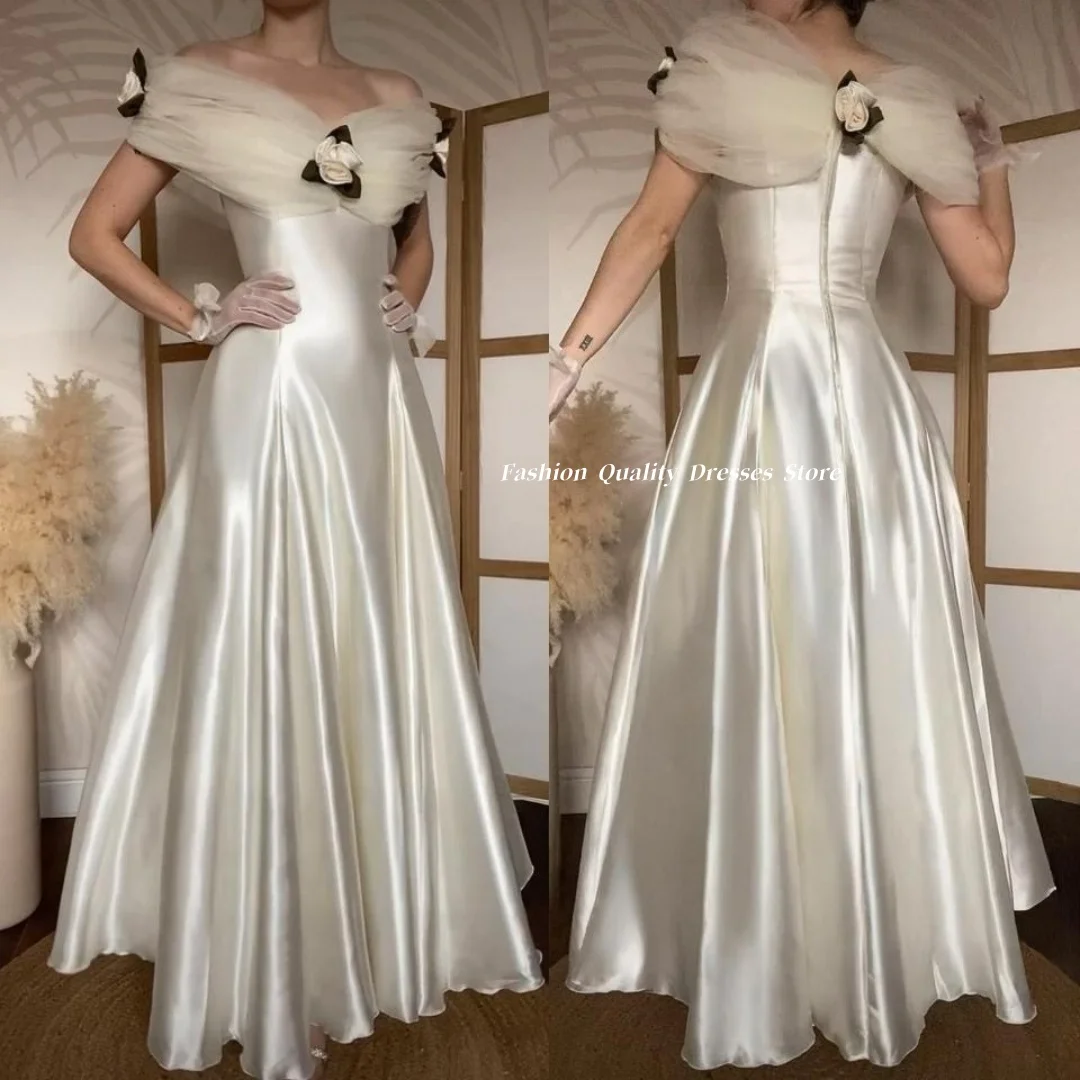 Wedding Dresses Vintage Ivory Satin A Line Gown Off Shoulder Sheer Tulle Neck Handmade Flower Bridal Wedding Dress Customized