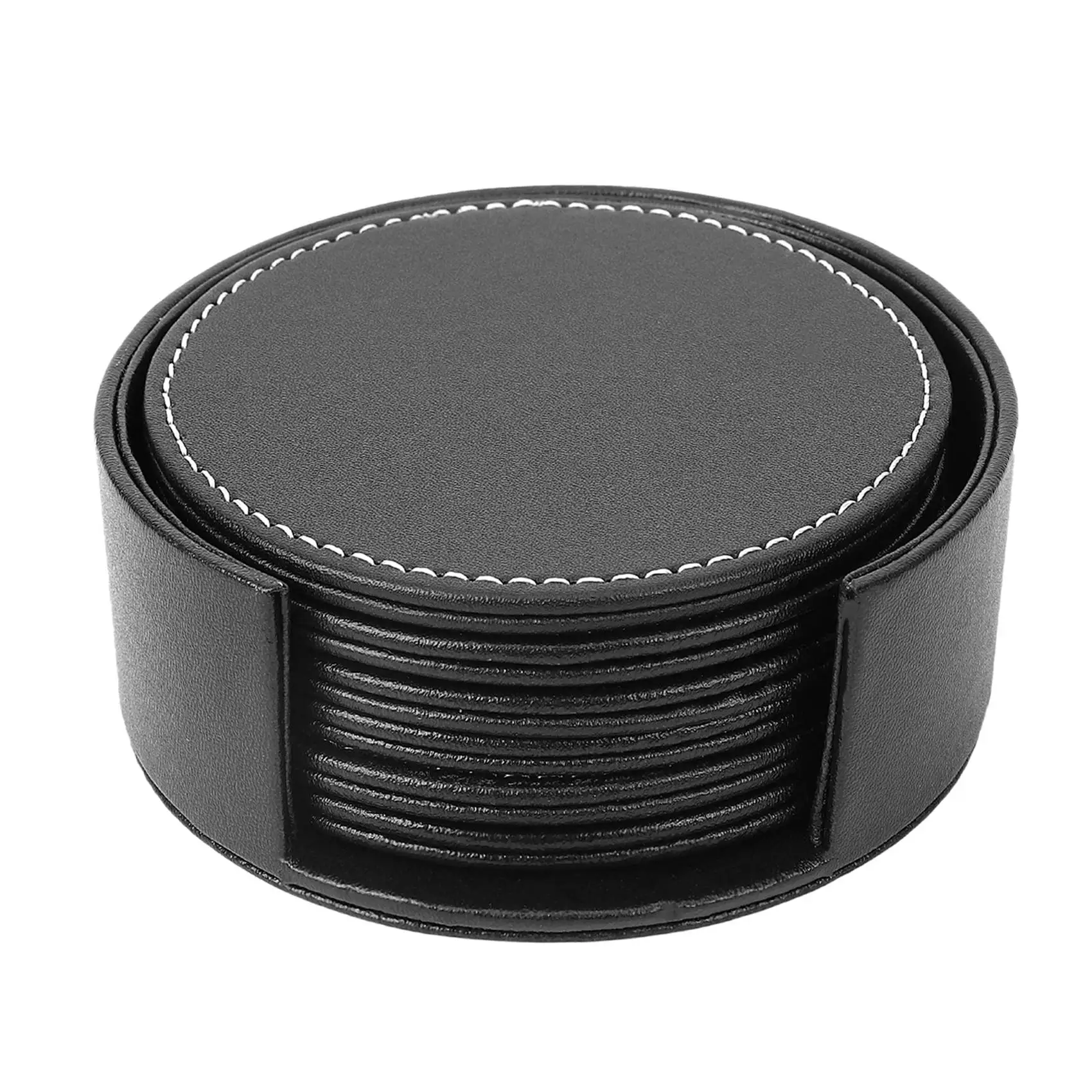 Set of 6 Leather Drink Coasters Round Cup Mat Pad for Use Black