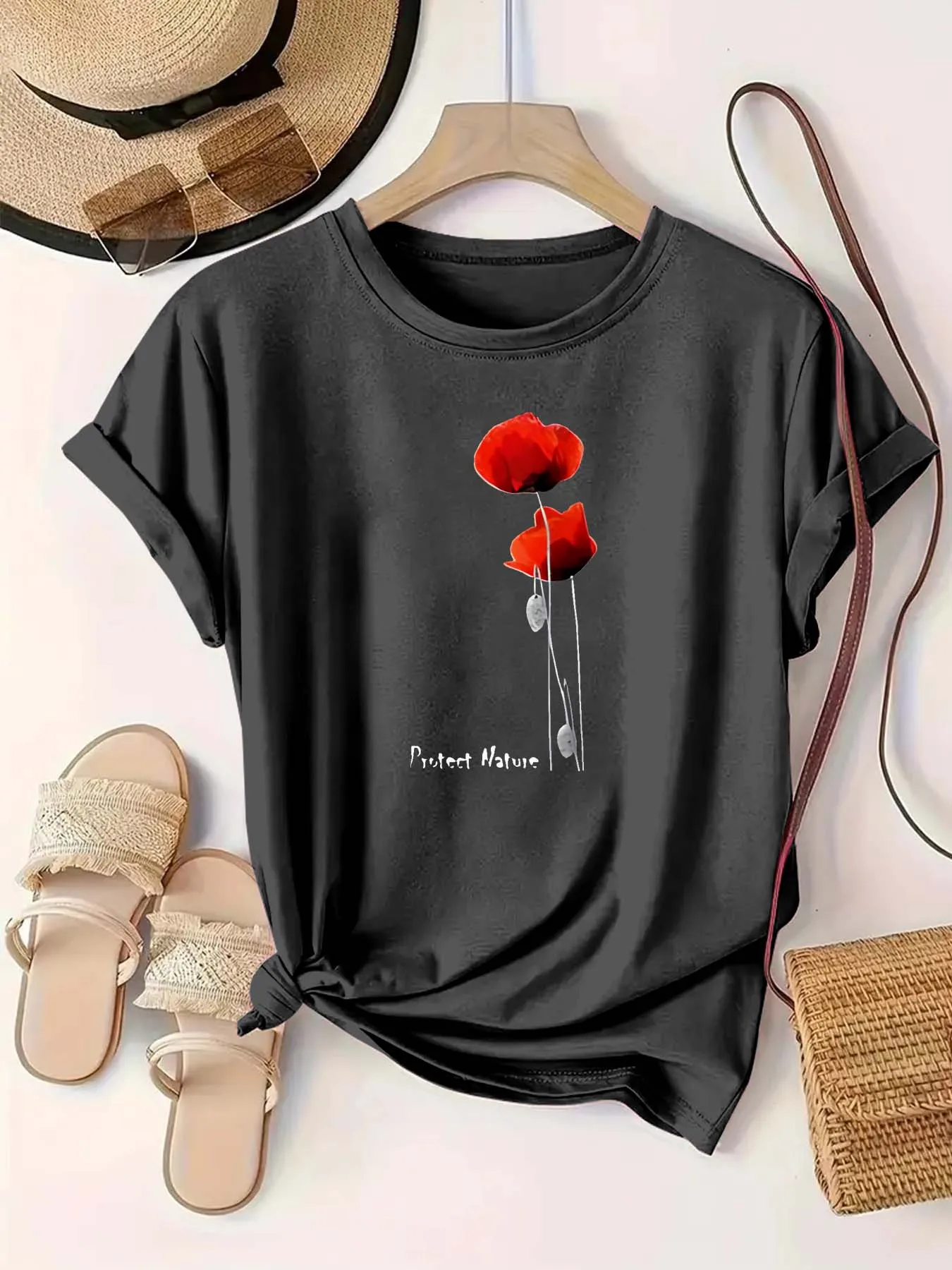 Plus Size Red Round Neck T - Shirt with Poppy themed Print and 'Protect Nature' Slogan: Vivid - eco friendly and Nature inspired