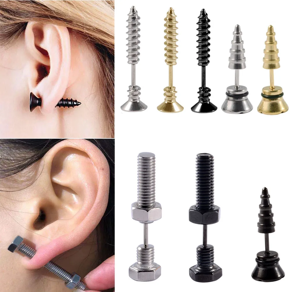 Pair Stainless Steel Nail Screw Piercing Stud Earrings Unisex Punk Rock Piercing Jewelry Nut Screw Spike Pinch Plug Jewelry