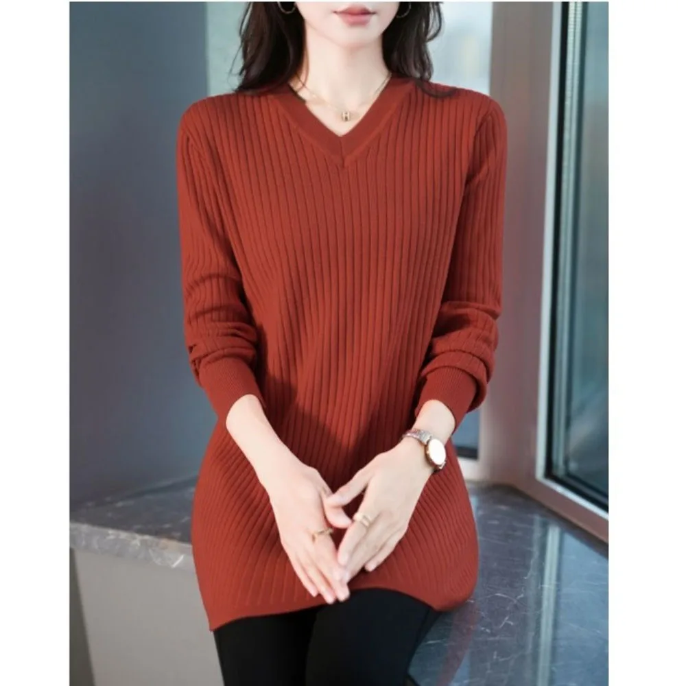 NEW Spring Autumn Large Size Knitted Sweater Women\'s Casual Loose V-Neck Long Knitwear Loose Solid Stretch Female Jumper Top 5XL