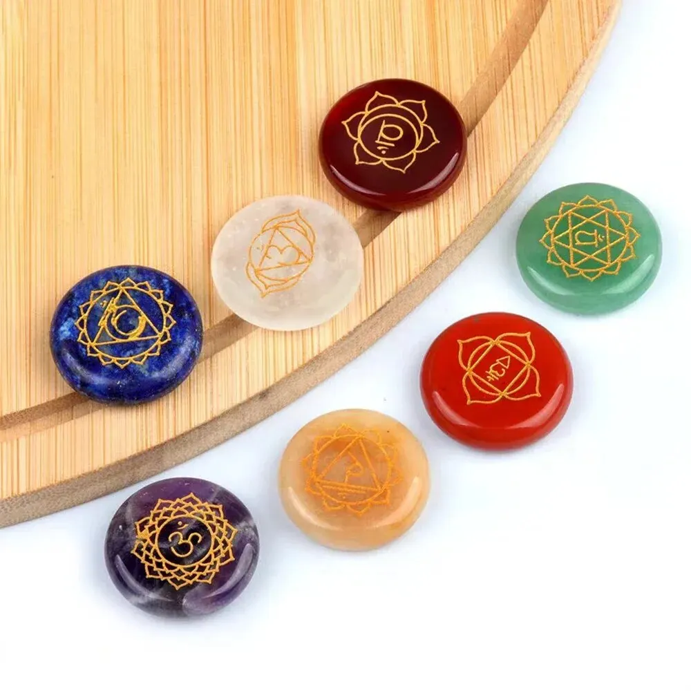 7 teile/paket 0,984 zoll Runde Form 7 Chakra Naturstein Ornament Amethyst Quarz Energie Gravierte Symbole Reiki Wahrsagerei Heilung – Detail 8
