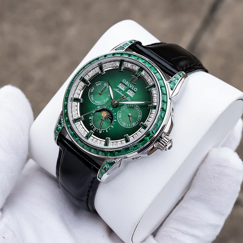 Reloj Automático OBLVLO para hombre, reloj de pulsera mecánico de 41mm, resistente al agua hasta 50M, zafiro luminoso, esfera múltiple, año, mes, semana, fecha