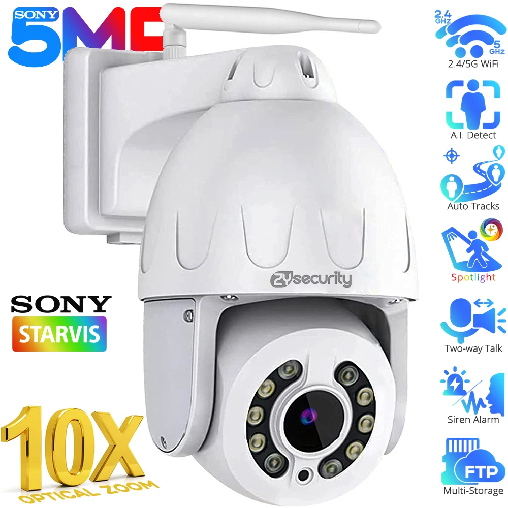 

5MP 5X 10X Optical Zoom WiFi Security Camera Outdoor Human Detection Auto Tracking Dome PTZ IP Cameras Color Night Vision Camera