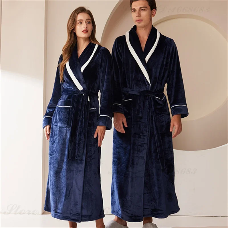 Autumn Winter Couple Sleepwear Large Size Flannel Men Long Robe Home Clothing Thicken Warm Coral Fleece Bathrobe Lounge Wear 3XL