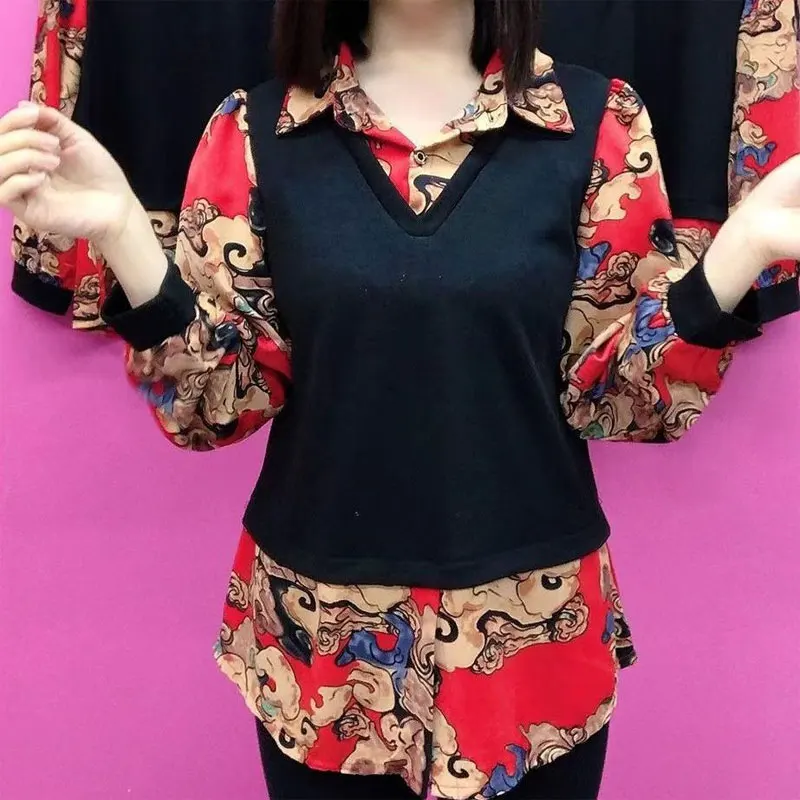 Fake Two Pieces Vintage Printed Spliced Shirt Commute Female Clothing Turn-down Collar Spring Autumn Casual Long Sleeve Blouse