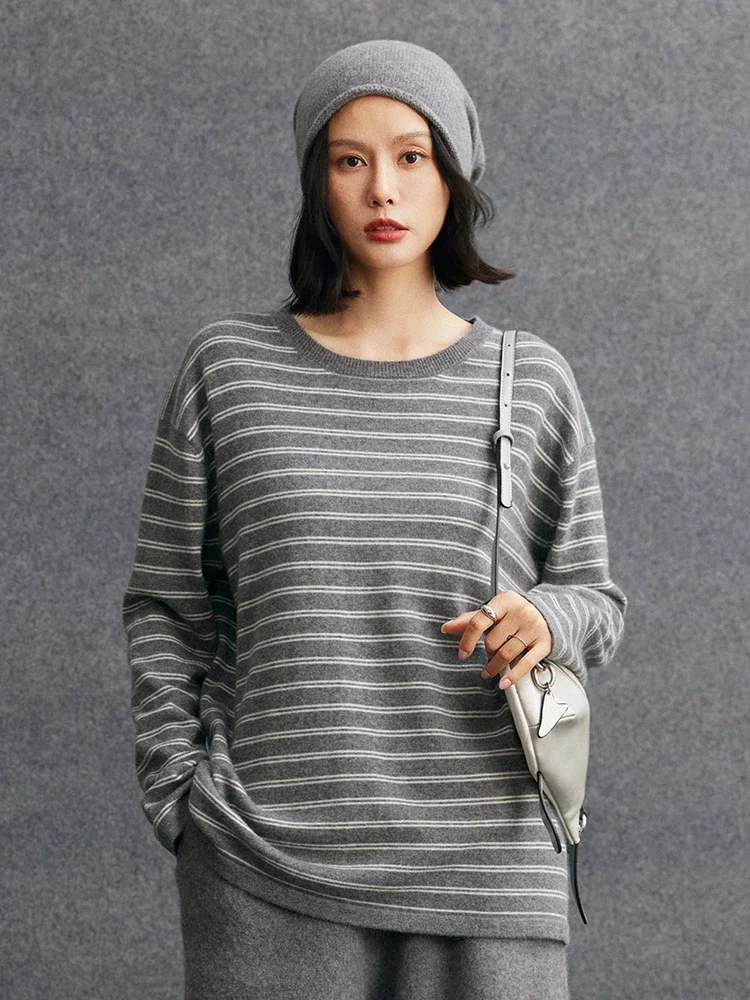 Women's Sweater Pullover 100% Cashmere Sweater Spring Autumn Clothing O-Neck Color Blocking Long Style Pullover Stripe Warm Knit