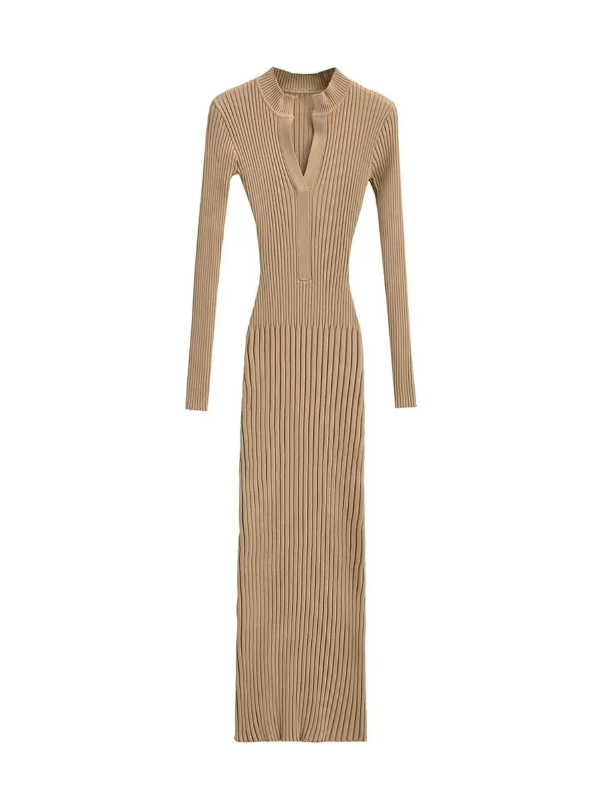 American Retro V-Ne Knitted Long Sve Dr Autumn New Sle Women's Waist-Cinching Bodycon Skirt Long Dr Slim Fit