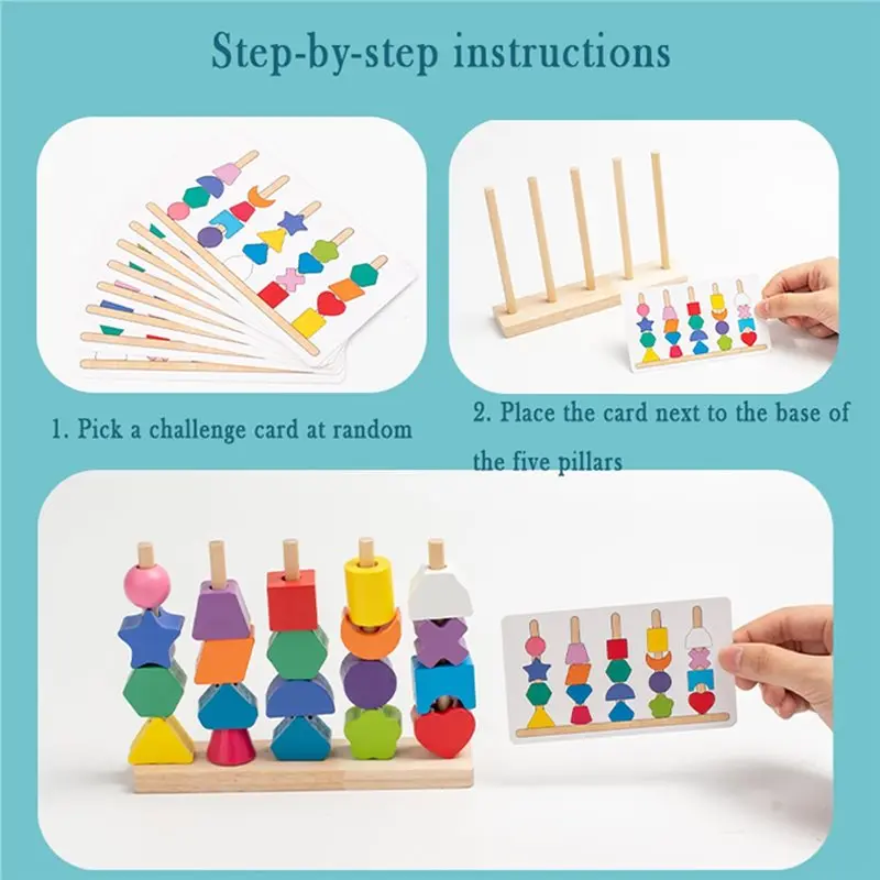 مجموعة تعليمية للأطفال - مجموعات أعمدة قوس قزح لفرز الألوان، مطابقة أوتار الشكل، مكعبات بناء ملونة #4