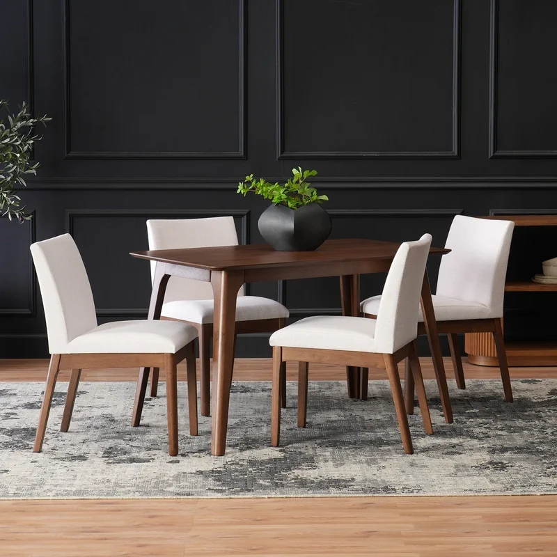 

5-Piece Dining Set: Solid Wood Table with 4 Upholstered Chairs, Walnut and Light Beige