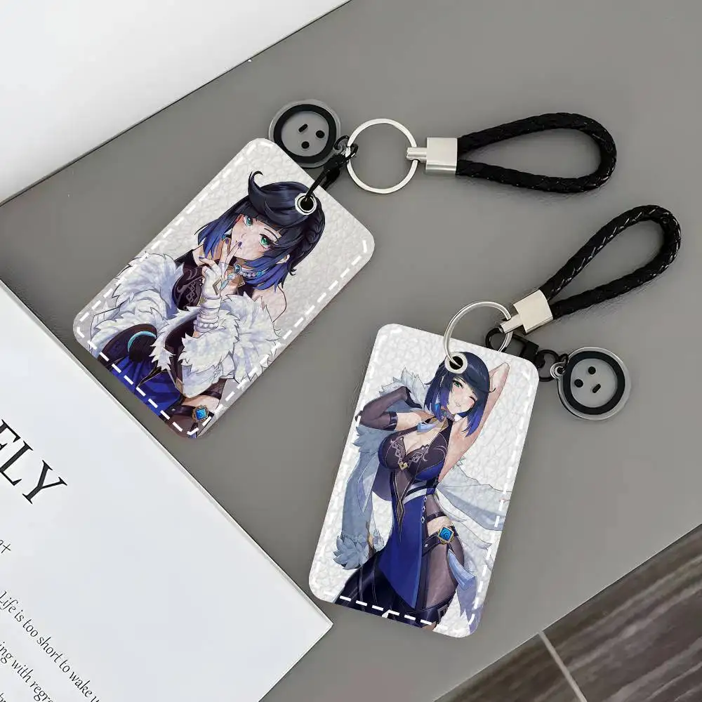 Yelan Genshin Impact Card Case Keychain Access Card Bag Key Tag Ring Leather Card Holder Key Ring Access