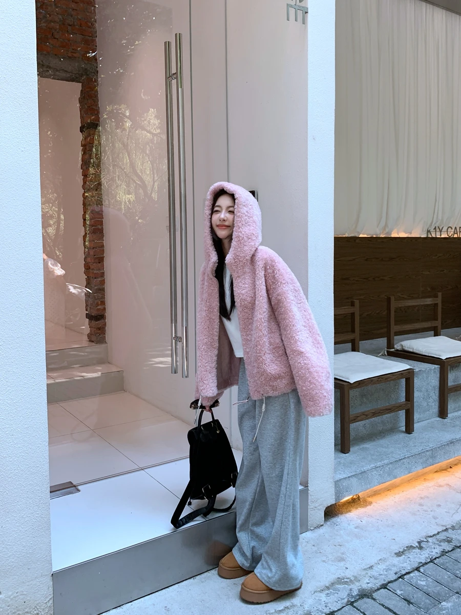 ハニーピーチガール フード付きラムファージャケット レディース 2025秋冬新作 スレアリングコート レザーファー カジュアル ルーズフィット