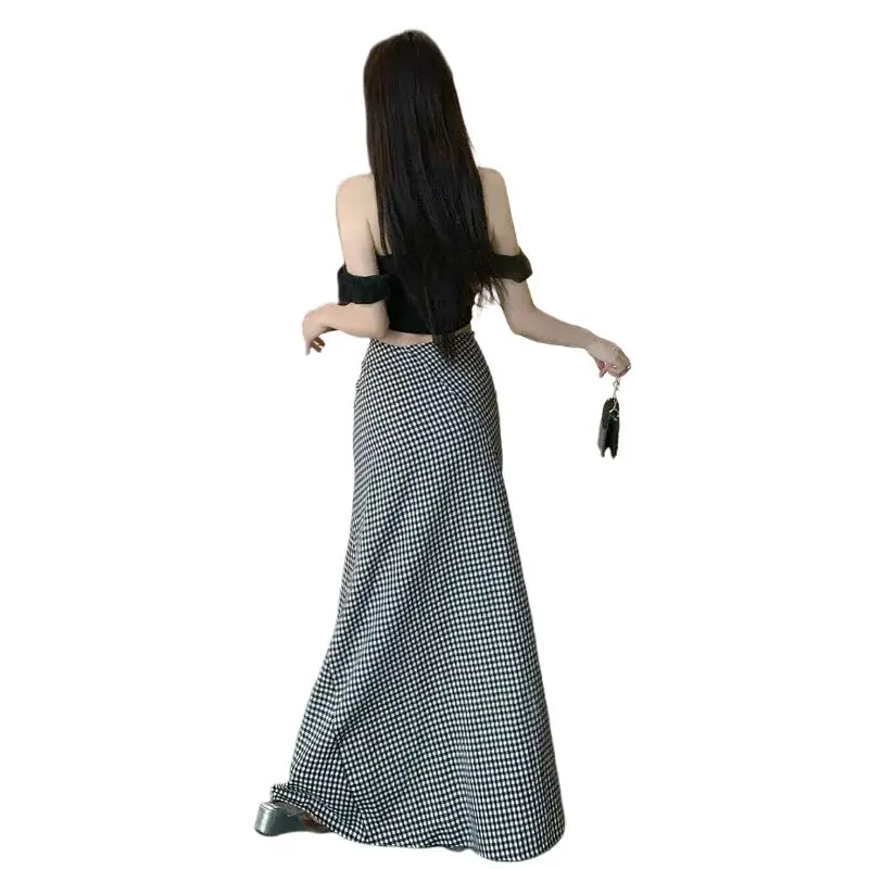 Mode Sexy Front Bowtie Rokken Voor Vrouwen Hoge Taille Rok Elegante A-lijn Geruite Rok Vrouwen Lange Zomer Saia Feminina